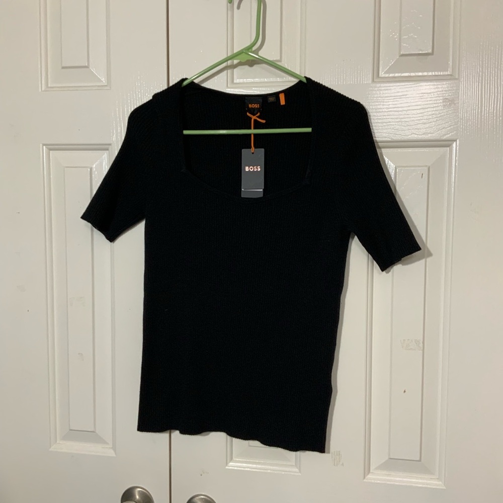 NWT Boss SQUARE-NECK SHORT-SLEEVED SWEATER IN RIBBED STRETCH FABRIC.